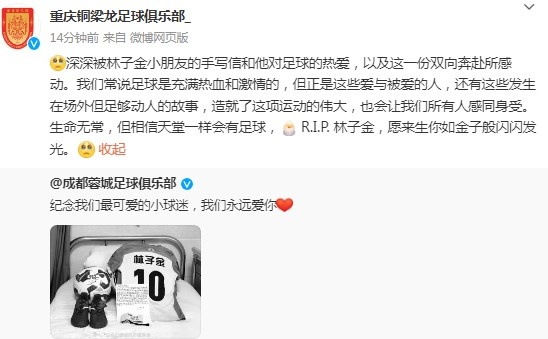 重庆铜梁龙悼念去世小球迷：愿来生你如金子般闪闪发光